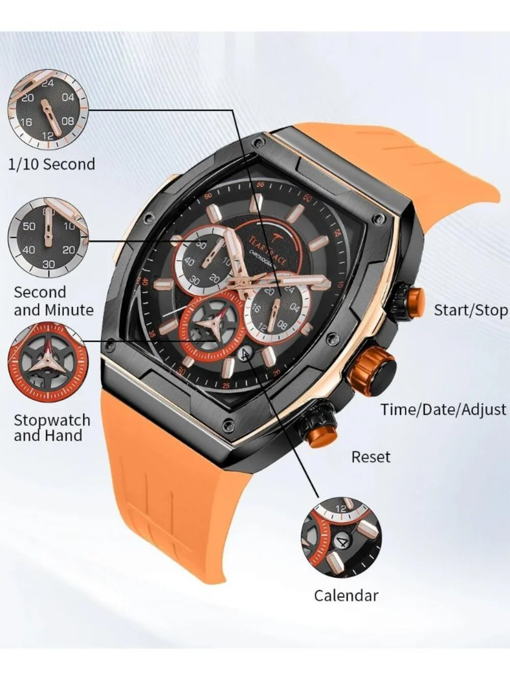 Men's Orange Original Analog Quartz Waterproof Sport Fashion Unique Casual Watch